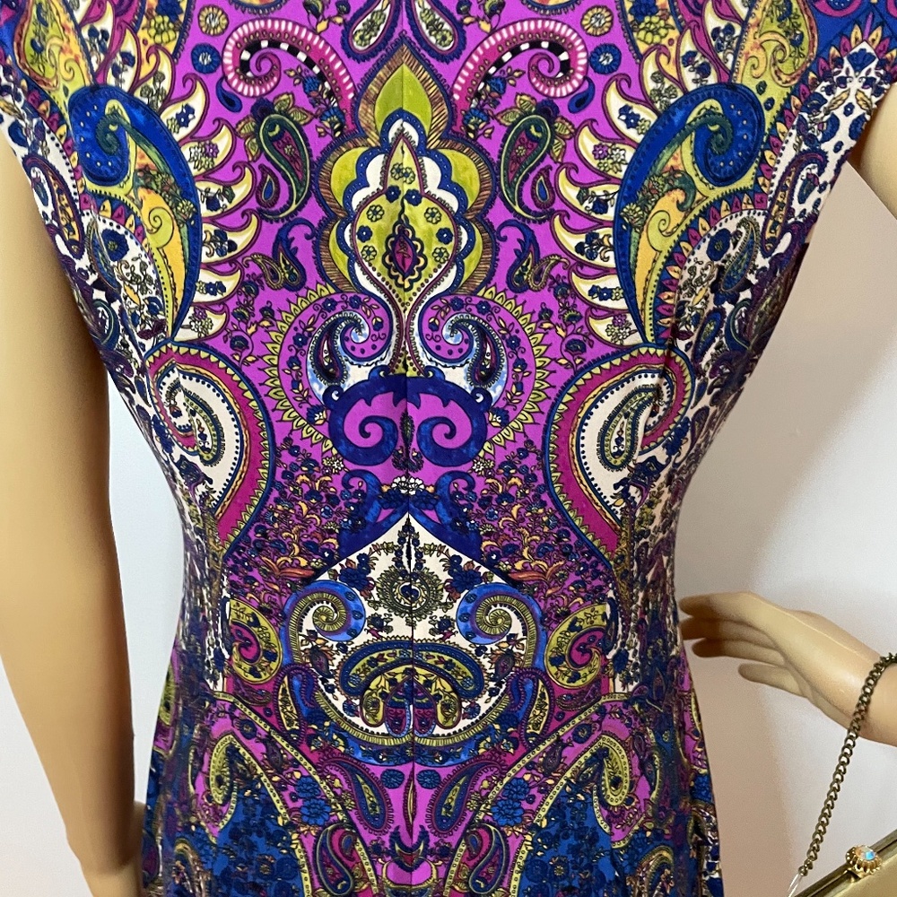 Purple green yellow navy paisley sheath midi dress - Picture 10 of 12